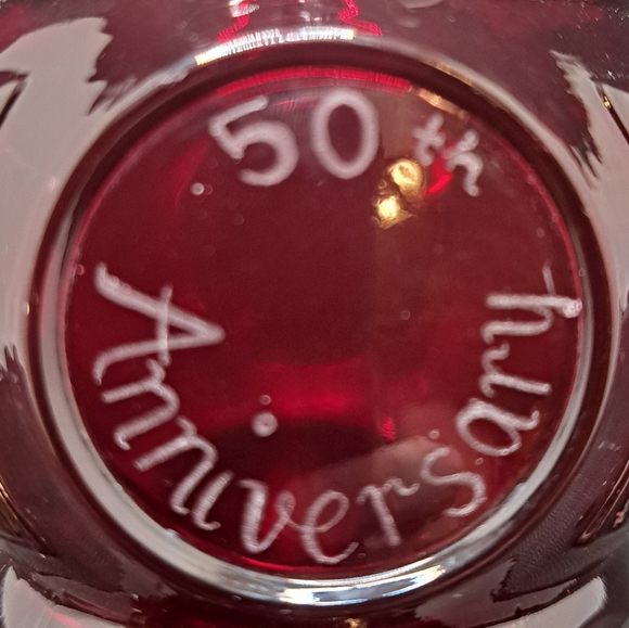 Vintage WHEATON MCM Ruby Red Bullseye 9" Glass Bud Vase Personally Engraved - Picture 6 of 11